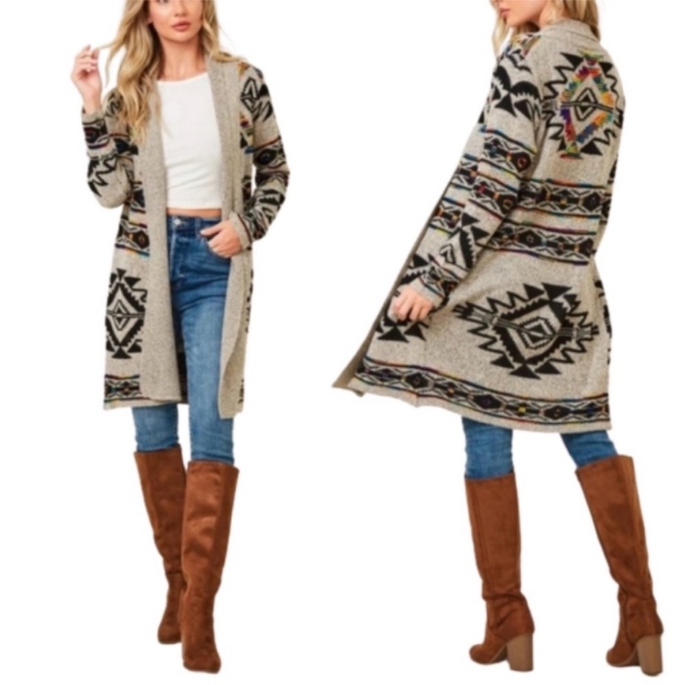 Anthropologie Northern Angel Rainbow Aztec Duster Open Front Cardigan